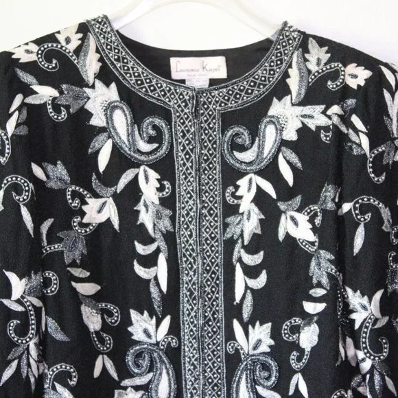 Vintage Laurence Kazar Silk Beaded Embroidered Blazer Jacket Black XL H13428 - Picture 2 of 12
